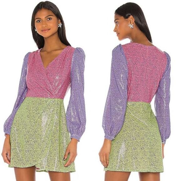 NWT Olivia Rubin Meg Surplice Sequined Long Sleeve Zip Pink/Green Mini Dress - Picture 1 of 7